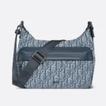 Dior Men Small Rider Soft Hobo Bag Blue Dior Oblique Jacquard and Blue Grained Calfskin