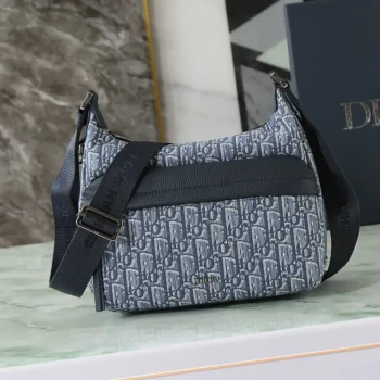 Dior Men Small Rider Soft Hobo Bag Blue Dior Oblique Jacquard and Blue Grained Calfskin