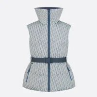 Dior Women DiorAlps Belted Puffer Vest Blue and White Dior Oblique Quilted Technical Taffeta