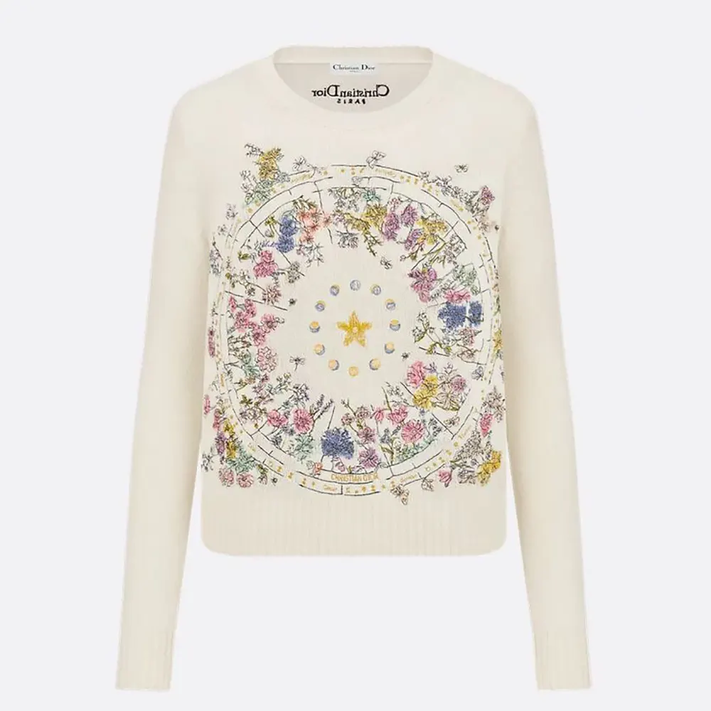 Dior Women Embroidered Sweater White Cashmere Knit with Multicolor Dior Astral Flowers Motif (1) Dior Women Embroidered Sweater White Cashmere Knit with Multicolor Dior Astral Flowers Motif