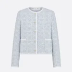 Dior Women Macrocannage Cropped Jacket Sky Blue Cotton-Blend Tweed