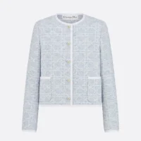 Dior Women Macrocannage Cropped Jacket Sky Blue Cotton-Blend Tweed