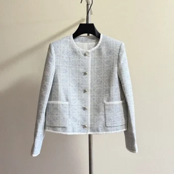 Dior Women Macrocannage Cropped Jacket Sky Blue Cotton-Blend Tweed