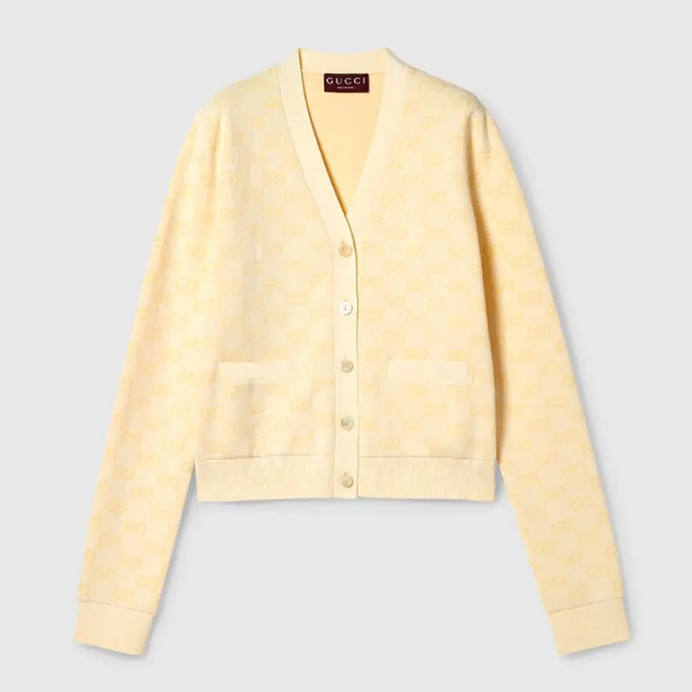 Gucci Women Fine Cotton GG Jacquard Cardigan-Yellow 818735XKEOH (1) Gucci Women Fine Cotton GG Jacquard Cardigan-Yellow 818735XKEOH