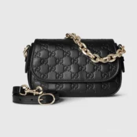 Gucci Women GG Emblem Small Shoulder Bag Black GG Leather
