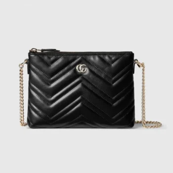 Gucci Women GG Marmont Pochette With Chain Black Leather
