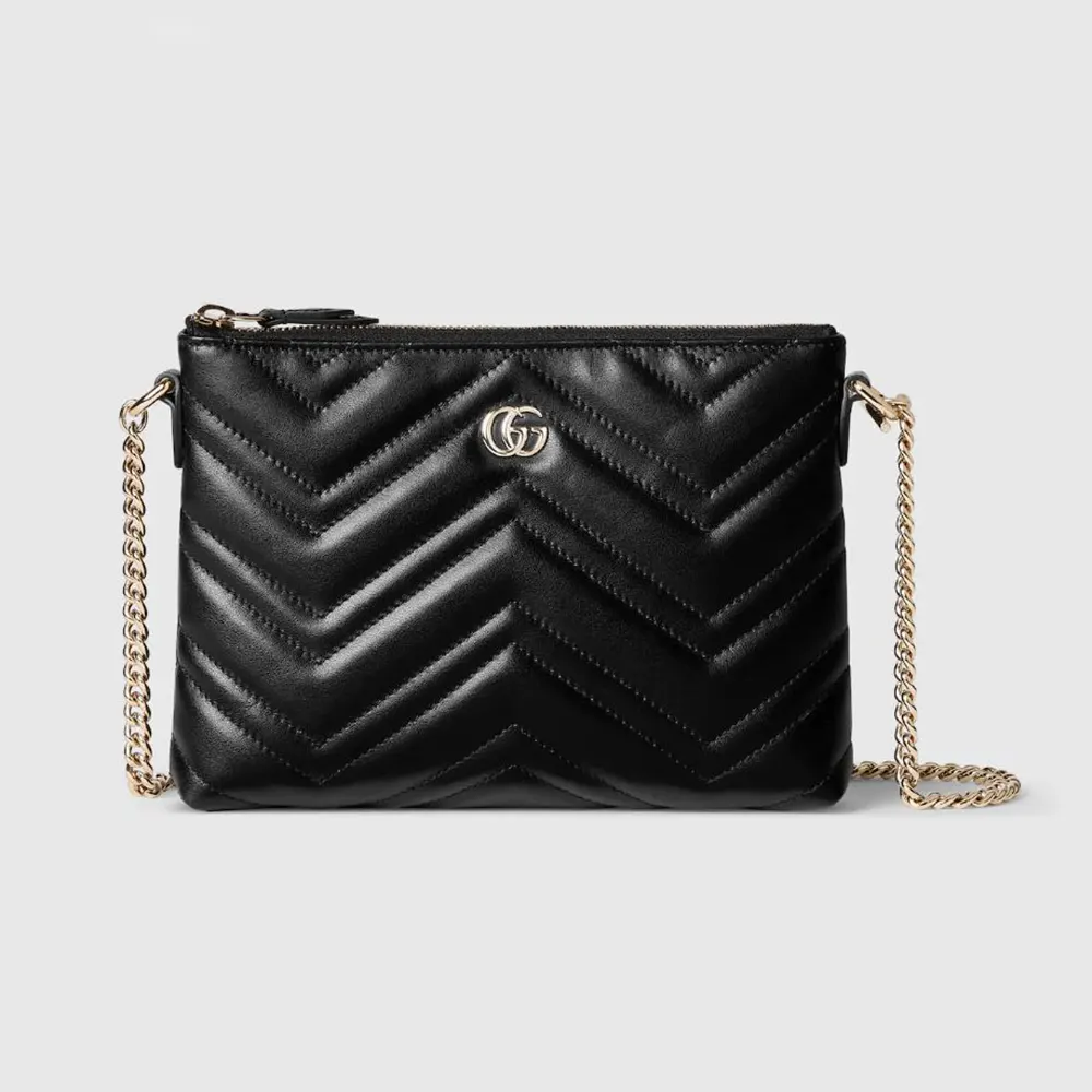 Gucci Women GG Marmont Pochette With Chain Black Leather (1) Gucci Women GG Marmont Pochette With Chain Black Leather