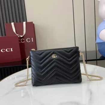 Gucci Women GG Marmont Pochette With Chain Black Leather