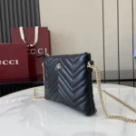 Gucci Women GG Marmont Pochette With Chain Black Leather