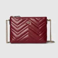 Gucci Women GG Marmont Pochette With Chain Rosso Ancora Red Leather