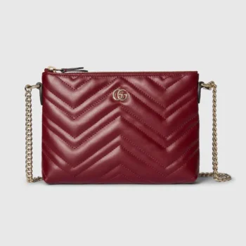 Gucci Women GG Marmont Pochette With Chain Rosso Ancora Red Leather