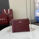 Gucci Women GG Marmont Pochette With Chain Rosso Ancora Red Leather