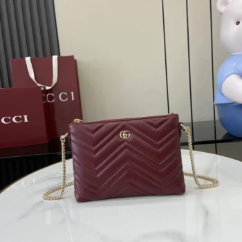 Gucci Women GG Marmont Pochette With Chain Rosso Ancora Red Leather