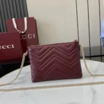 Gucci Women GG Marmont Pochette With Chain Rosso Ancora Red Leather