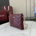 Gucci Women GG Marmont Pochette With Chain Rosso Ancora Red Leather