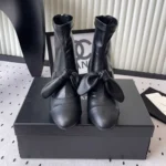 Chanel Women Ankle Boots Black Leather Mary Janes High Heels