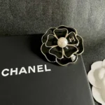 Chanel Women Brooch Metal & Resin Gold Black & Pearly White ABG238