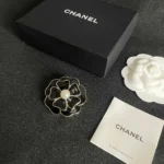 Chanel Women Brooch Metal & Resin Gold Black & Pearly White ABG238