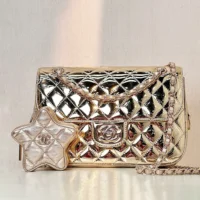 Chanel Women CC Flap Bag Star Coin Purse Mirror Calfskin Metallic Calfskin-Gold