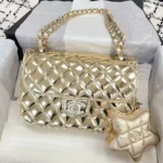 Chanel Women CC Flap Bag Star Coin Purse Mirror Calfskin Metallic Calfskin-Gold