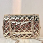Chanel Women CC Flap Bag Star Coin Purse Mirror Calfskin Metallic Calfskin-Gold