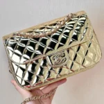 Chanel Women CC Flap Bag Star Coin Purse Mirror Calfskin Metallic Calfskin-Gold