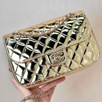 Chanel Women CC Flap Bag Star Coin Purse Mirror Calfskin Metallic Calfskin-Gold