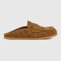 Gucci Unisex Double G with GG Suede Light Brown Mules