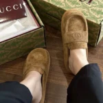 Gucci Unisex Double G with GG Suede Light Brown Mules