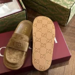 Gucci Unisex Double G with GG Suede Light Brown Mules