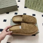 Gucci Unisex Double G with GG Suede Light Brown Mules