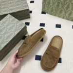 Gucci Unisex Double G with GG Suede Light Brown Mules