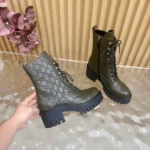 Gucci Women Lace-Up Ankle Boot With GG Dark Green GG Leather 840739