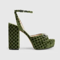 Gucci Women Platform Sandal With Horsebit Green Velvet 837395
