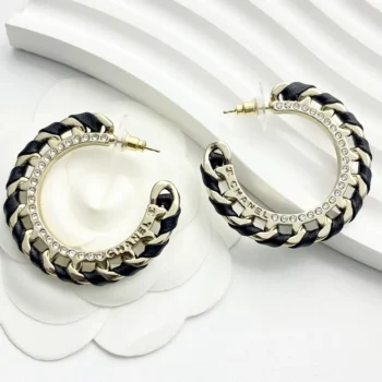 Chanel Women Hoop Earrings Metal Lambskin & Strass-Black