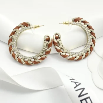 Chanel Women Hoop Earrings Metal Lambskin & Strass-Brown