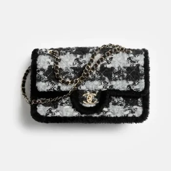 Chanel Women Large Flap Bag Tweed Shearling Lambskin Gold Tone Metal-Black