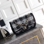 Chanel Women Large Flap Bag Tweed Shearling Lambskin Gold Tone Metal-Black