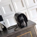 Chanel Women Large Flap Bag Tweed Shearling Lambskin Gold Tone Metal-Black