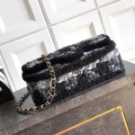 Chanel Women Large Flap Bag Tweed Shearling Lambskin Gold Tone Metal-Black