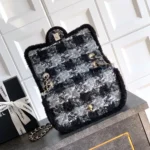 Chanel Women Large Flap Bag Tweed Shearling Lambskin Gold Tone Metal-Black