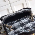 Chanel Women Large Flap Bag Tweed Shearling Lambskin Gold Tone Metal-Black