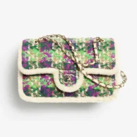 Chanel Women Large Flap Bag Tweed Shearling Lambskin Gold Tone Metal-Green