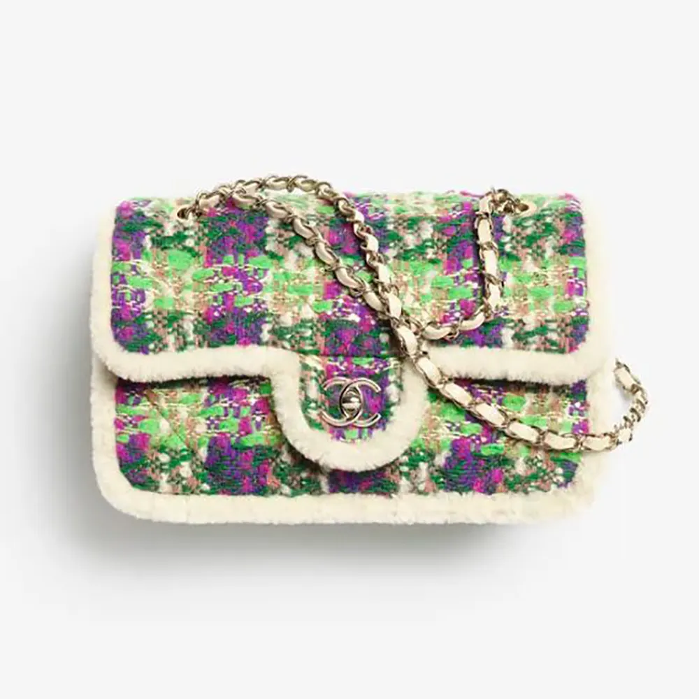 Chanel Women Large Flap Bag Tweed Shearling Lambskin Gold Tone Metal-Green (1) Chanel Women Large Flap Bag Tweed Shearling Lambskin Gold Tone Metal-Green