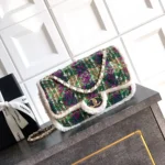 Chanel Women Large Flap Bag Tweed Shearling Lambskin Gold Tone Metal-Green
