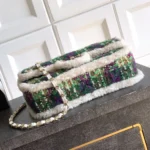 Chanel Women Large Flap Bag Tweed Shearling Lambskin Gold Tone Metal-Green