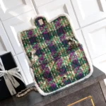 Chanel Women Large Flap Bag Tweed Shearling Lambskin Gold Tone Metal-Green