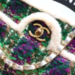 Chanel Women Large Flap Bag Tweed Shearling Lambskin Gold Tone Metal-Green