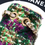 Chanel Women Large Flap Bag Tweed Shearling Lambskin Gold Tone Metal-Green