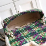 Chanel Women Large Flap Bag Tweed Shearling Lambskin Gold Tone Metal-Green